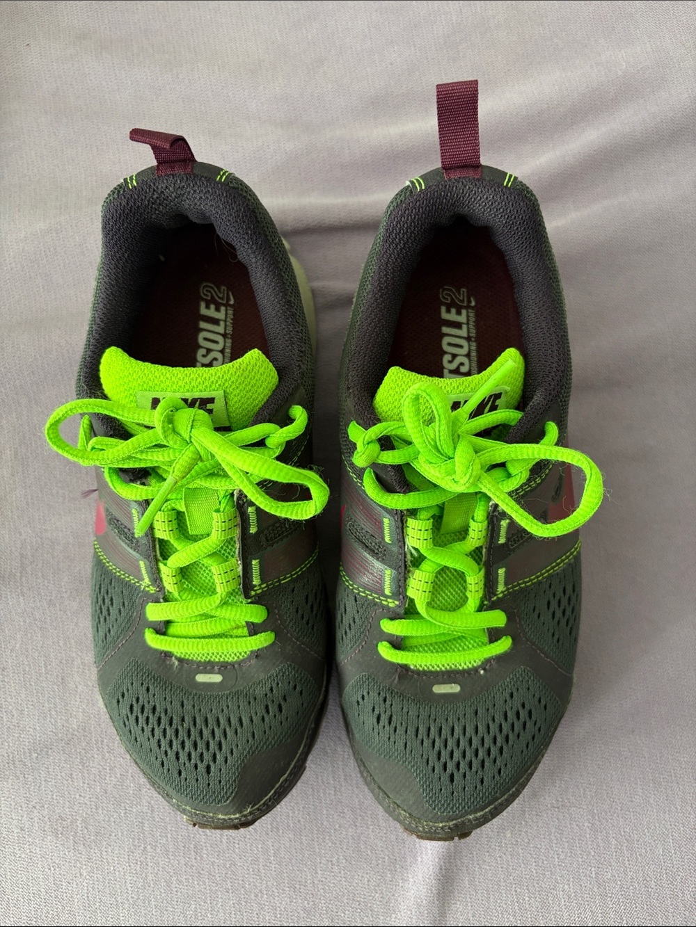 Nike Pegasus 29 Dark Purple with Neon Green Laces and Maroon Accents